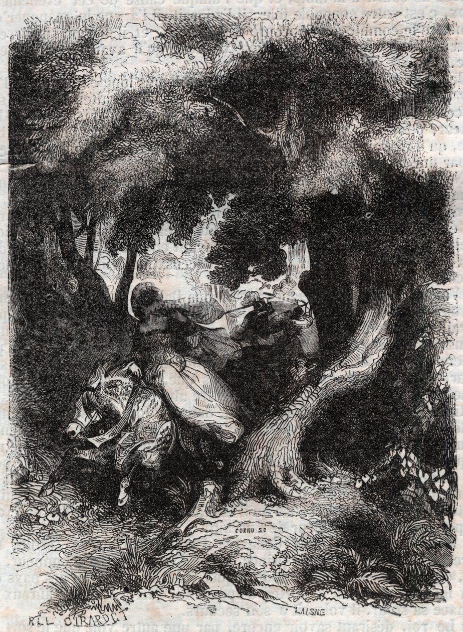 Let Angeliky (Angelica) během bitvy – rytina z roku 1851 z „“Zuřivého Rolanda““ (Orlando furioso) (16. století) od Ludovica Ariosta, známého jako Ariosta – vydání přeložené z italštiny hrabětem z Tressanu a vydané Gustavem Harva od Unknown artist