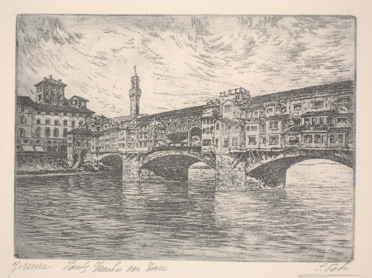 Florencie, Ponte Vecchio s věží, pravděpodobně konec 19. století (lept) od Unknown artist