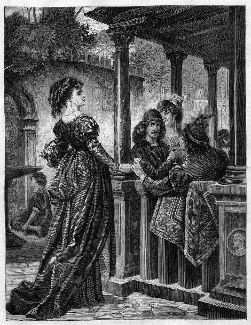 Obchodník s květinami v ulicích Florencie ve středověku. Gravírování do „“The Illustrious Universe““ od Unknown artist