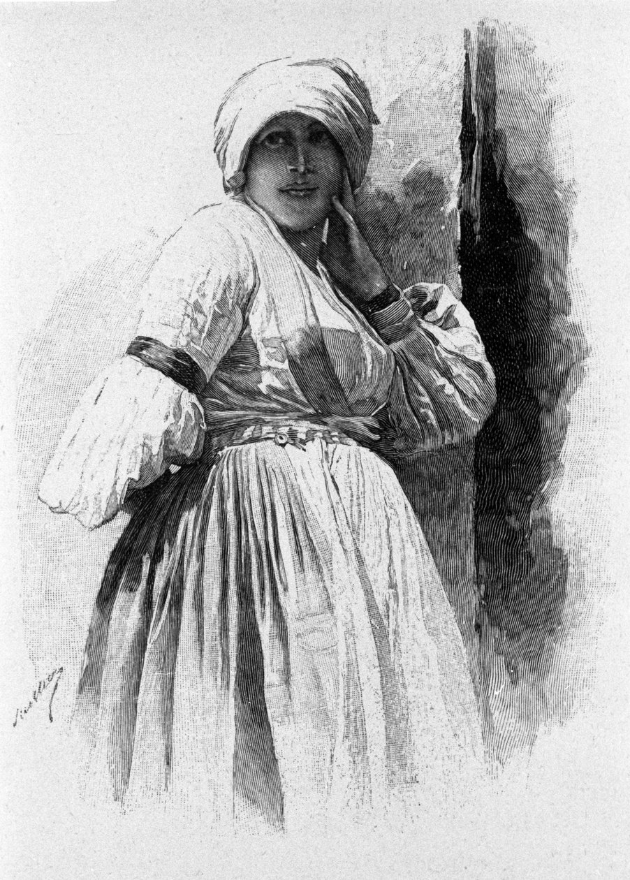 Folklór: žena v tradičním kroji Piana degli Albanesi. Sicílie Rytina 19. století od Unknown artist