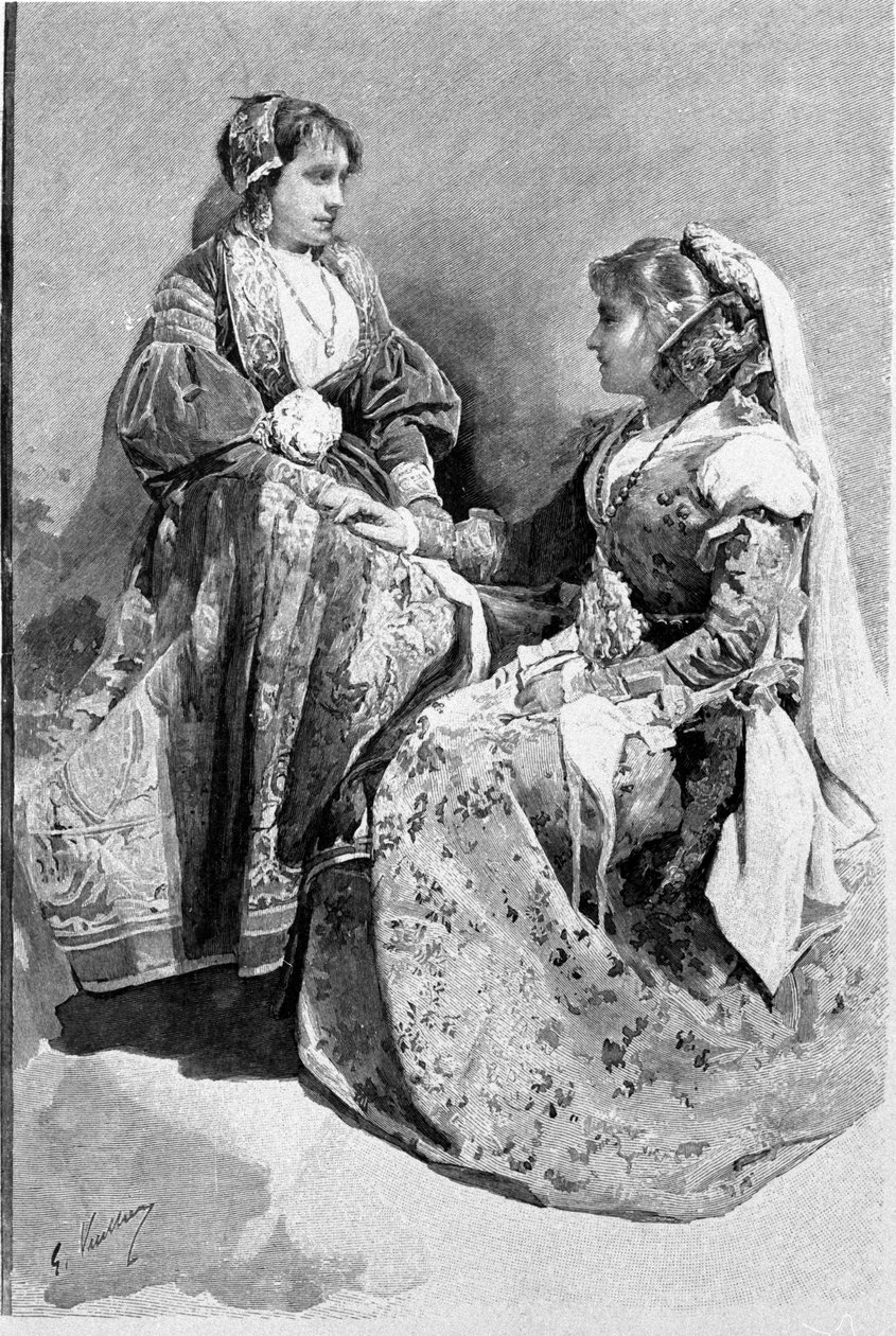 Folklór: ženy oblečené v tradičních svatebních krojích, Sicílie. 19. století rytina. od Unknown artist