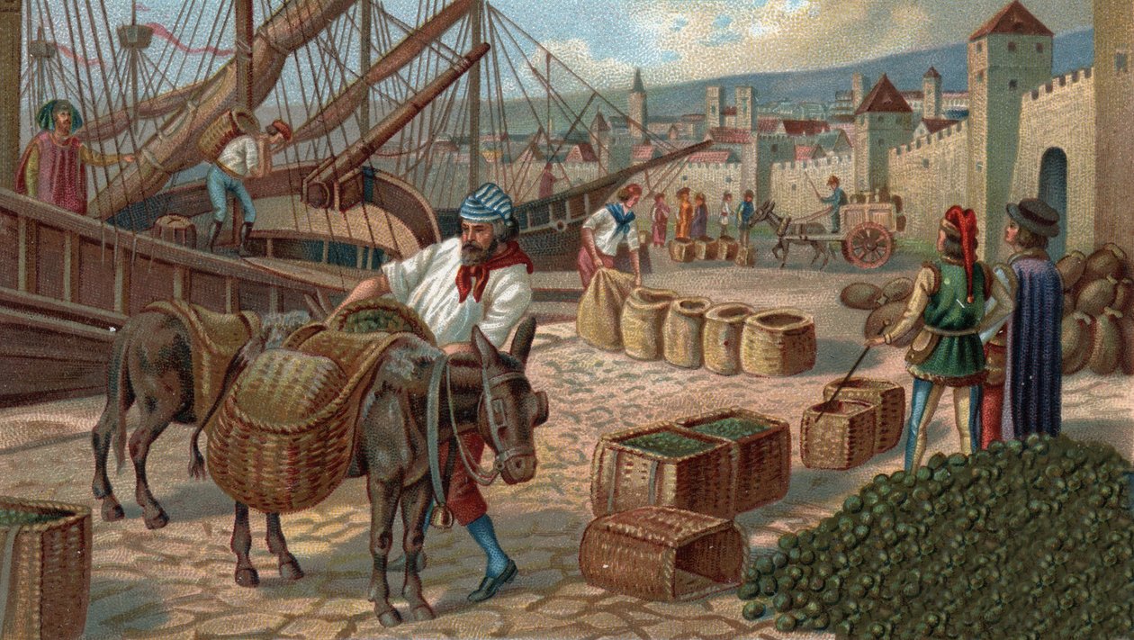 Bývalá nákupní centra: přeprava fíků do Marseille ve středověku. Chromolitografie konce 19. století od Unknown artist