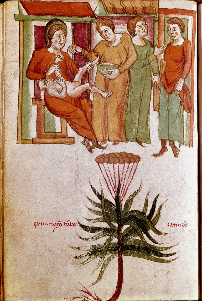 Čtyři ženy pečující o dítě, obchodování s dětmi. (miniaturní, začátek 13. století) od Unknown artist