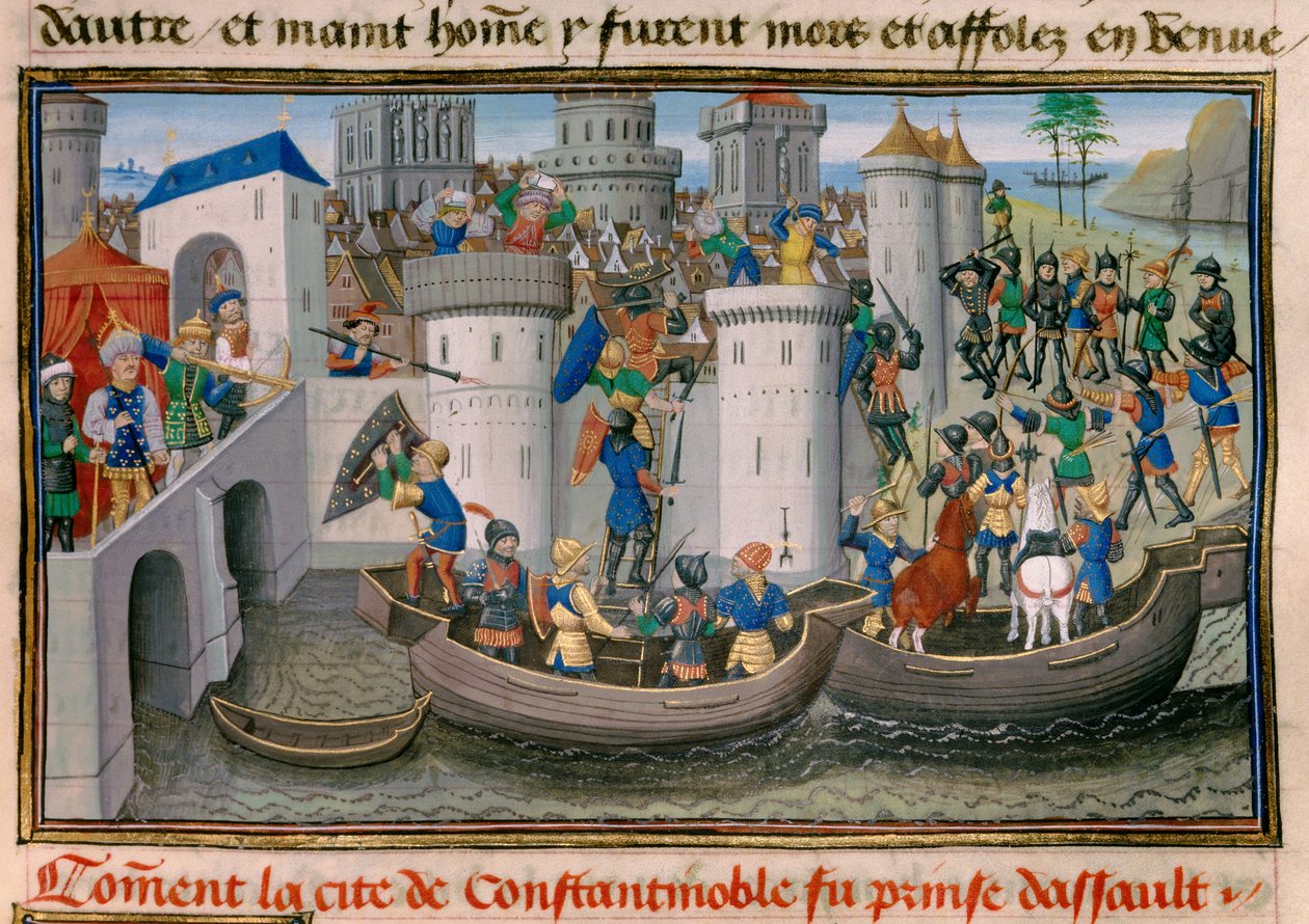 Čtvrtá křížová výprava: pohled na dobytí Konstantinopole křížovými výpravami v letech 1203-1204. Miniatura z „“ Chronicle abregee““ od Davida Auberta od Unknown artist