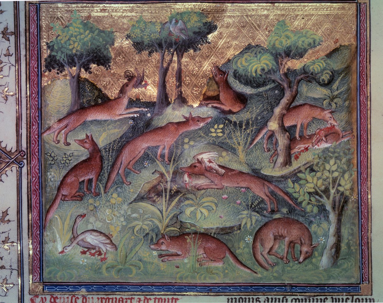Liška na lov drůbeže. Miniatura z rukopisu „“Le livre de la chasse““ (folio 34v) od Gastona Phoebuse (1331-1391) dit Gaston III Comte De Foix od Unknown artist