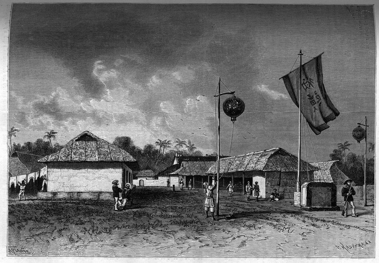 Francie v Indočíně: Francouzské vojenské stanoviště uvnitř citadely Hue, hlavního města Indočíny. Rytina v „Le journal de la jeunesse““ od Unknown artist