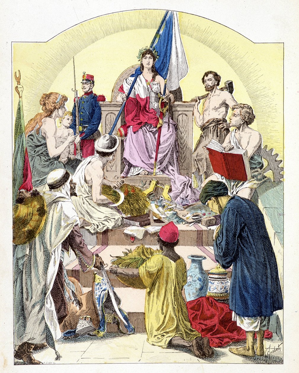 Francie, pod rysy Marianne, obklopená svými personifikovanými koloniemi - v „Histoire de France““, E. Grobet, c. 1915 od Unknown artist