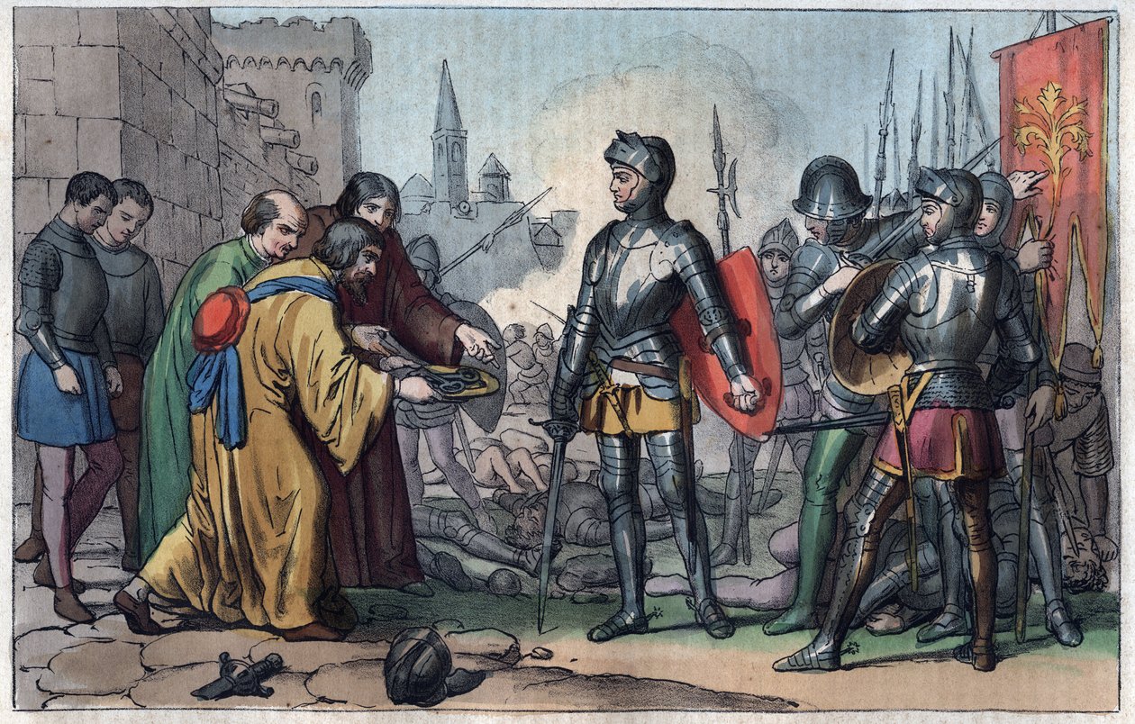 Francesco Ferrucci (1489-1530) dostává klíče od města Volterra – rytina z „“ Use and Customs of All Peoples of the Universe. To je historie vlády, zákonů, milicí, náboženství všech národů od nejvzdálenějších časů od Unknown artist