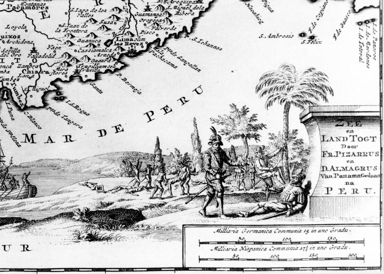 Francisco Pizarro (ve fr. Francois Pizarre) znázorněn na mapě Peru. 17. století. od Unknown artist