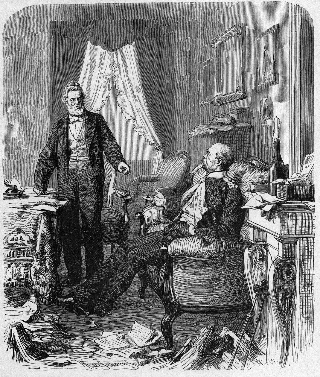 Francouzsko-pruská válka (1870-1871) rozhovor mezi hrabětem Bismarckem a M. Julesem Favrem, září 1870 - politický rozhovor mezi kancléřem Bismarckem (1815-1898), Julesem Favrem (1809-1880) ve Versailles v domě Madame Jesse století - engraving 19. od Unknown artist