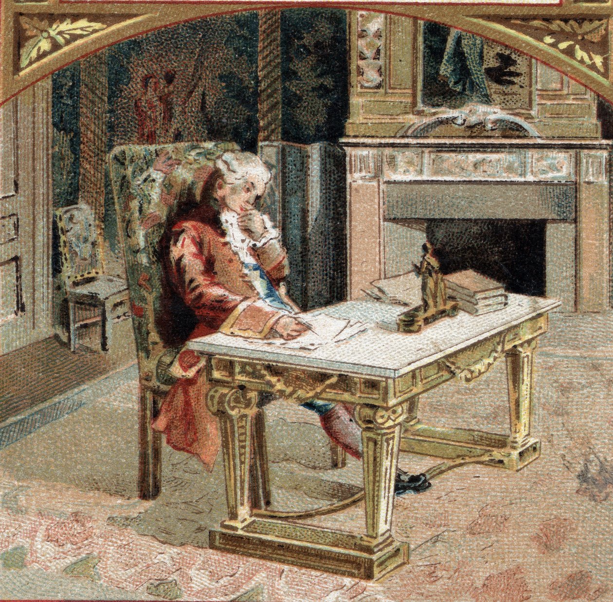 Francois-Marie (Francois Marie) Arouet de Voltaire dit Voltaire (1694-1778), 23 let na zámku Sully-sur-Loire (Sully sur Loire). Chromolitografie konce 19. století od Unknown artist