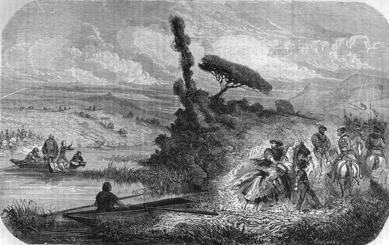 Francois 1. výměna za jeho dva syny jako rukojmí na Bidassoa 17/03/1526. V ""Populární historie Francie"", nd. kolem 1885. Rytina. od Unknown artist