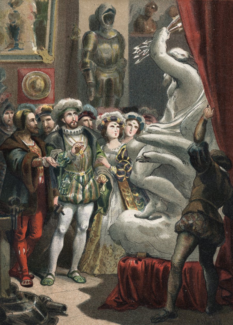Francois I (1494-1547), francouzský král, u italského sochaře Benvenuta Celliniho (1500-1571) rytina z roku 1881 v „“Cult of Beauty”” od Juana Justa Hugueta, Molinas Hermanos editores od Unknown artist