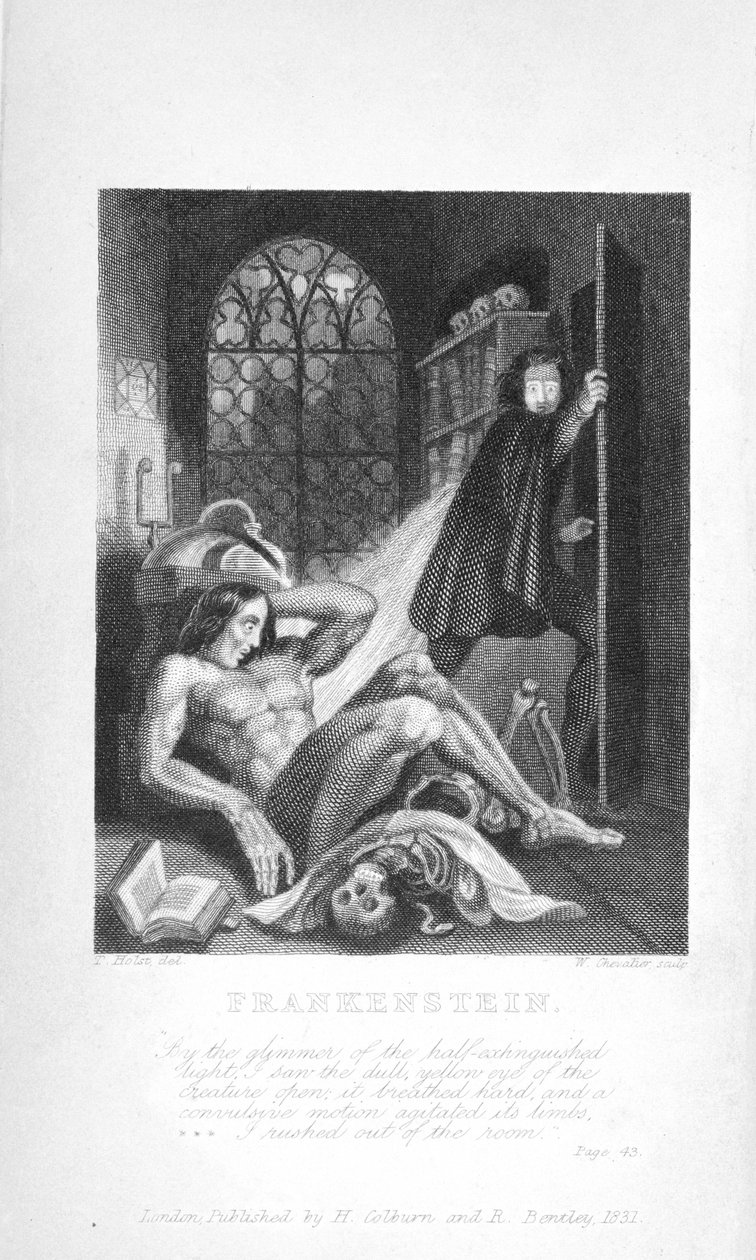 Frankenstein.“ Podle záblesku napůl zhasnutého světla jsem viděl, jak se matně žluté oko toho tvora otevřelo: těžce dýchalo a křečovitý pohyb mu rozechvěl končetiny. Vyběhl jsem z pokoje." od Unknown artist