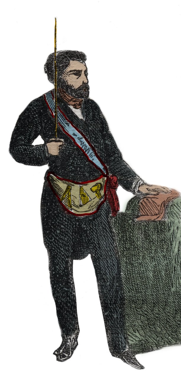 Svobodné zednářství - Kostým svobodného zednáře pro jeho přijetí do třídy Master - Franc Maconnerie: Outfit de franc macon (Zástěra) Rytina z roku 1879 v „Dějinách tajných, politických a náboženských společností“ od Pierra Zacconeho (1817-1895) od Unknown artist