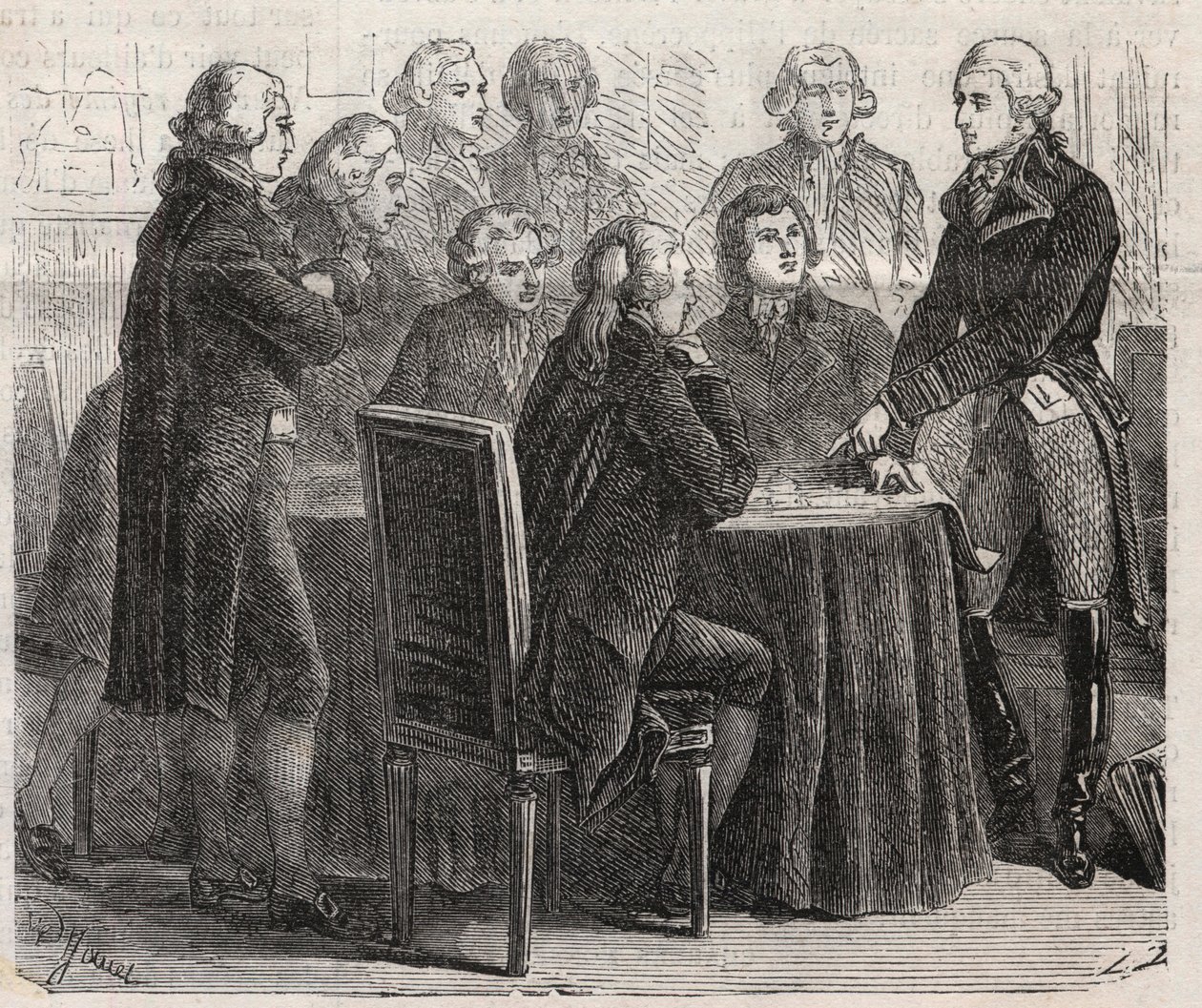 Francouzská revoluce: hrabě Louis Marie de Narbonne-Lara (Narbonne Lara) (1755-1813) ukazující své plány ve výborech shromáždění - rytina v „“The Illustrous World““ od Unknown artist