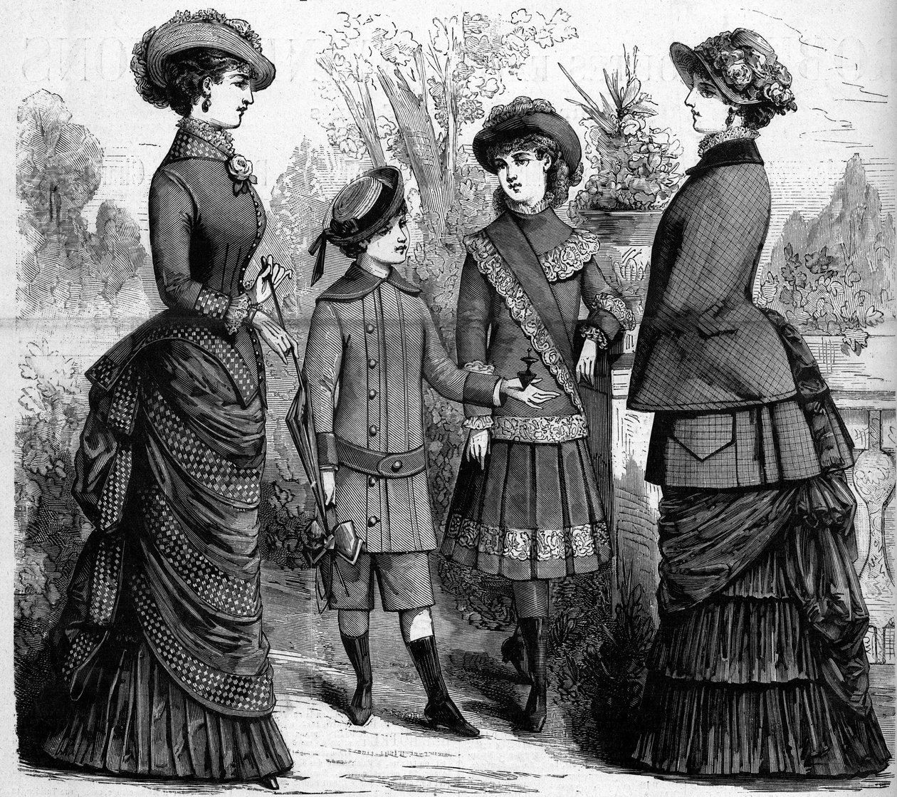 Francouzská ženská a dětská móda v 19. století. Reklama z roku 1882. Rytina v „“The Illustrous World““ č. 1302 z 11. března 1882. od Unknown artist