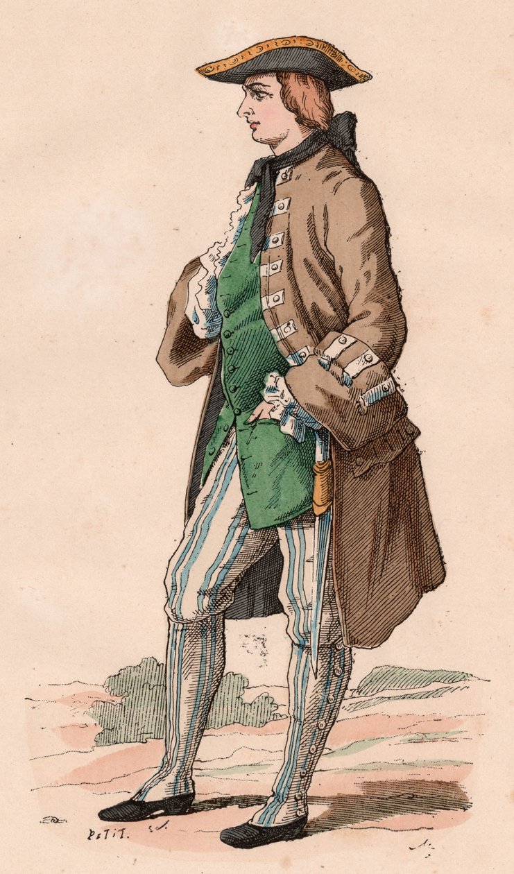 Francouzský gentleman v loveckém kroji, na sobě kabát, vestu a trojrohý klobouk s dýkou v boku během XVIII. století (barevná rytina) od Unknown