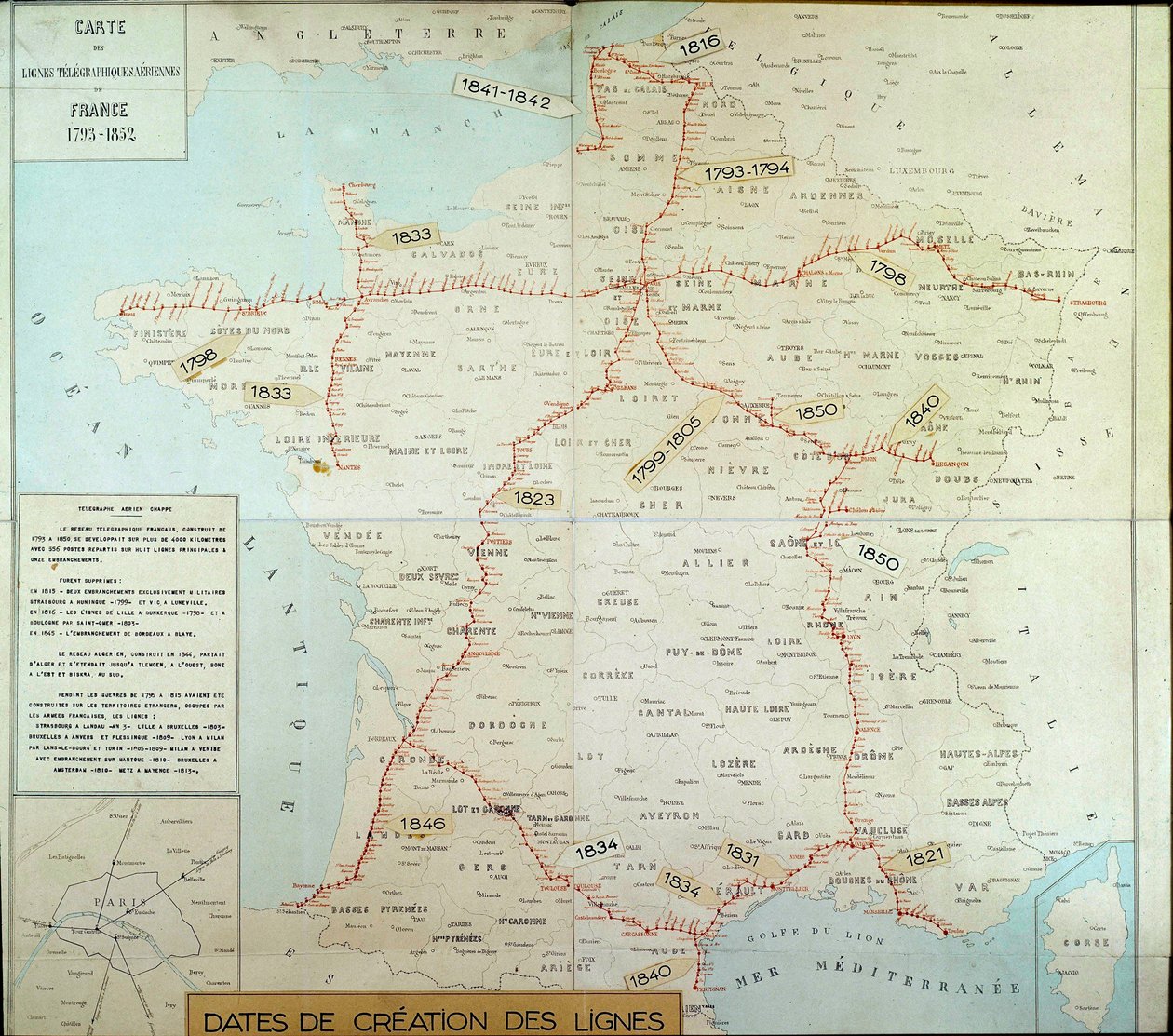 Francouzská geografická mapa zobrazující letecké telegrafické čáry. Počátek 19. stol. Paříž, Musee de la Poste od Unknown artist