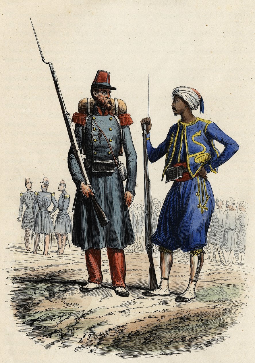 Francouzská vojenská uniforma: Vlevo cizinecká legie zformovaná a vyslaná do Alžírska v roce 1831. Vpravo domorodí jezdci, vycvičení a posláni do Alžírska v roce 1841. V L