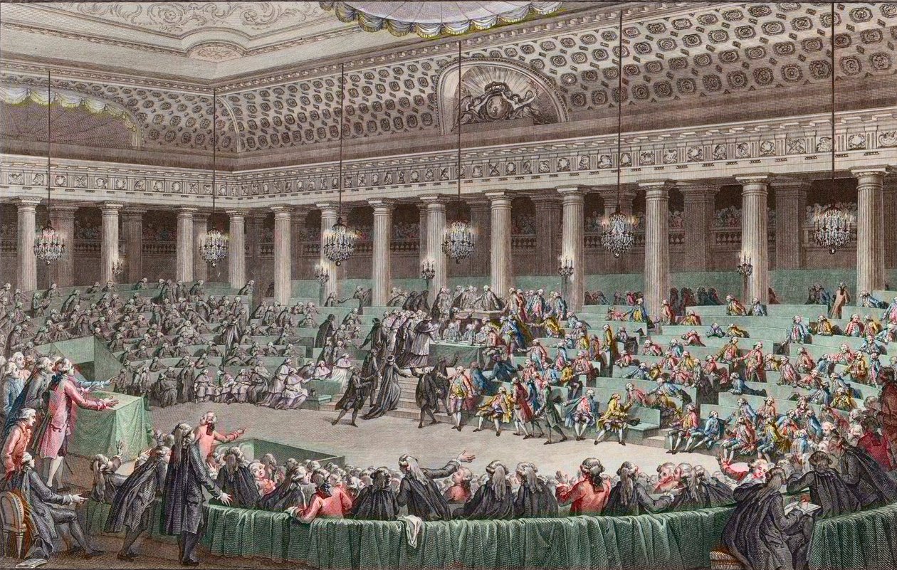 Francouzská revoluce - Národní shromáždění se vzdává všech privilegií, 4. srpna 1789, vyryto Helmanem - Assemblee - Nationale Abandonment de tous - les privilegia, Versailles, Seance de la - Nuit du 4 au 5 Avril 1789 od Unknown artist