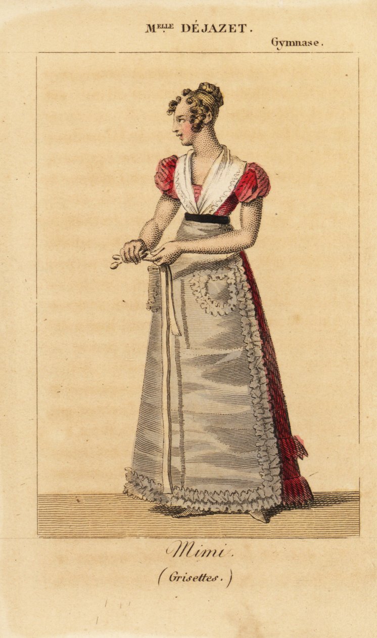 Francouzská sopranistka Mlle Virginie Dejazet jako Mimi v jednoaktovém vaudeville Grisettes od Scribe a Dupina na Gymnase-Dramatique od Unknown artist