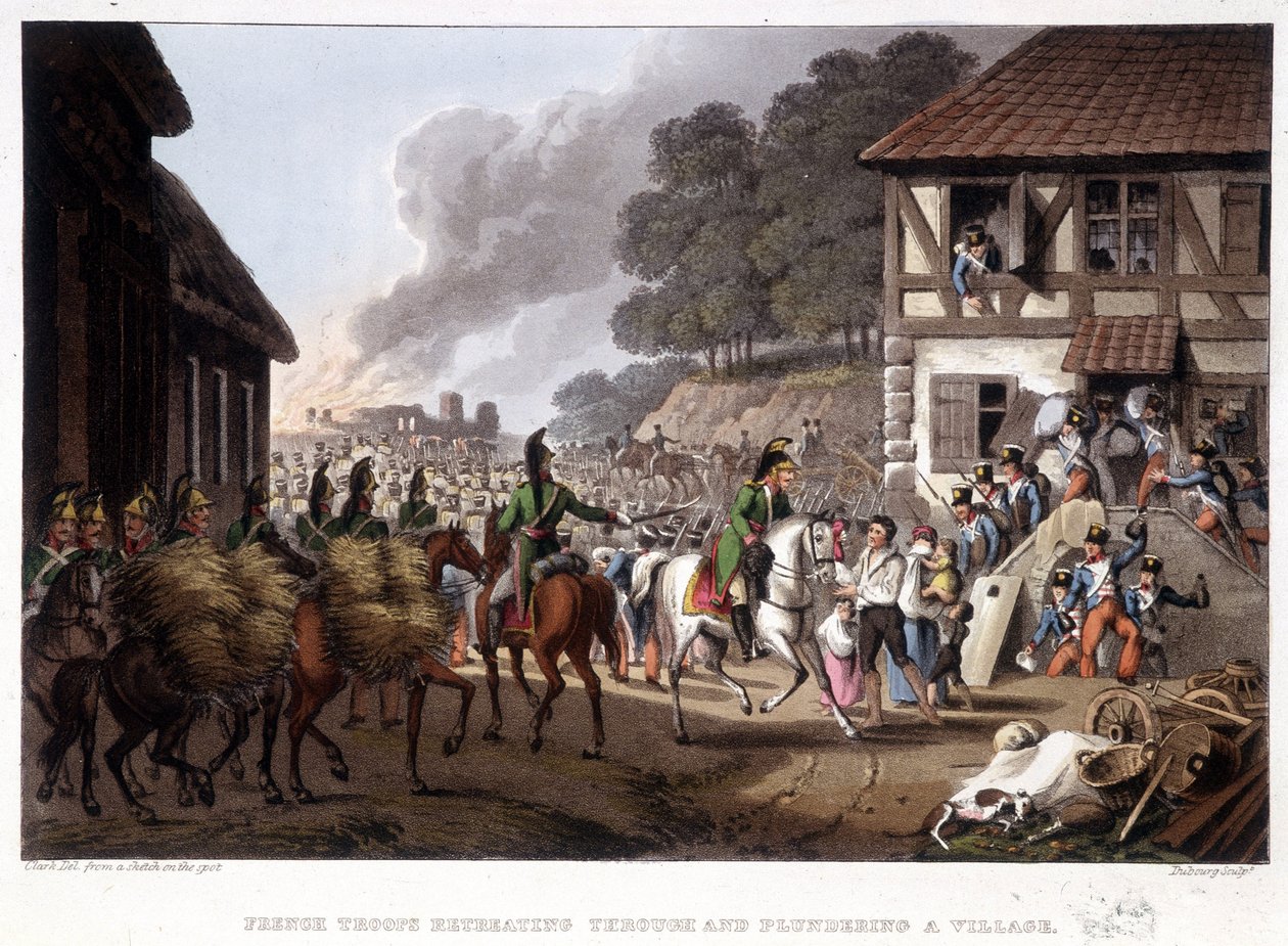 Francouzské jednotky na ústupu a plenění vesnice – v „“Historických, vojenských a námořních anekdotách...“ od Edwarda Orna od Unknown artist