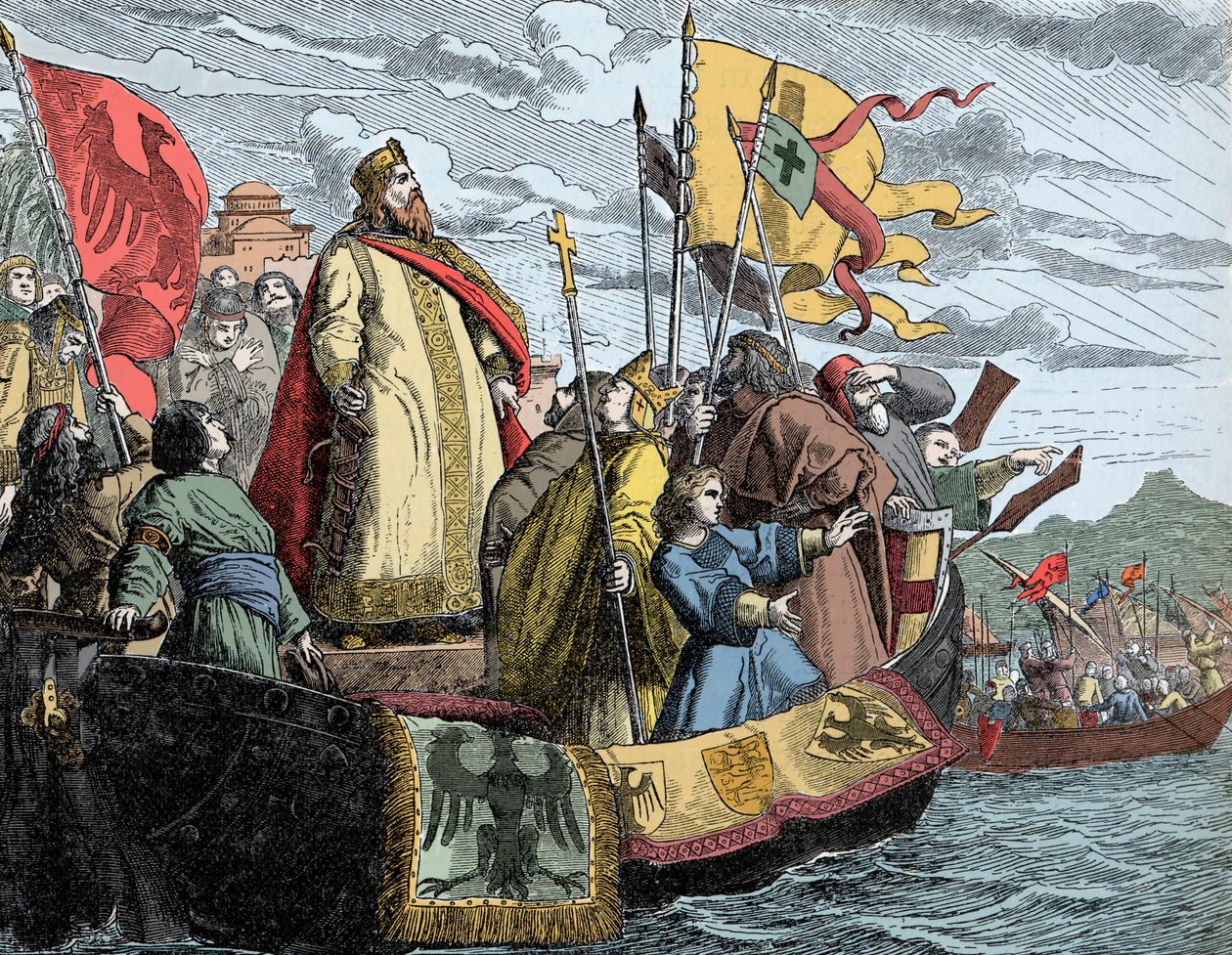 Fridrich přechod do Malé Asie - Fridrich I. zvaný Frederic Barberousse (1122/25-1190) (Frideric I. Hohenstaufen) během 3. křížové výpravy (1189). od Unknown artist