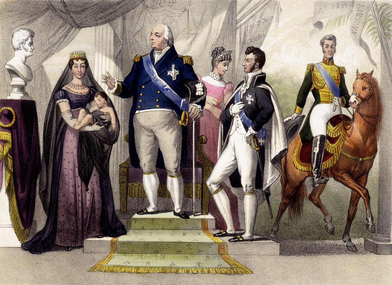 Od roku 1814 do roku 1830. Vévoda a vévodkyně z Berry, Ludvík XVIII., vévoda z Bordeaux, vévodkyně z Angoulème a Karel X. Rytina 19. století. od Unknown artist