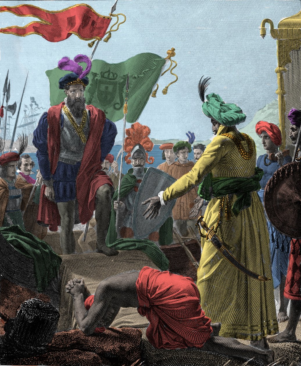 Od Vasco de Gama (1469-1524, portugalský cestovatel) po Calicut (dnešní Kozhikode) v Indii v roce 1498. Rytina 1817.. od Unknown artist