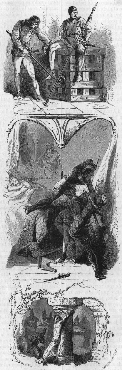 Shora dolů: Vévoda z Alencon se uzavírá do železné klece (1481), hrabě z Armagnacu bije pěstí pod oči své manželky (1473) a vévoda z Nemours mučí (1477). Rytina 19. století. od Unknown artist
