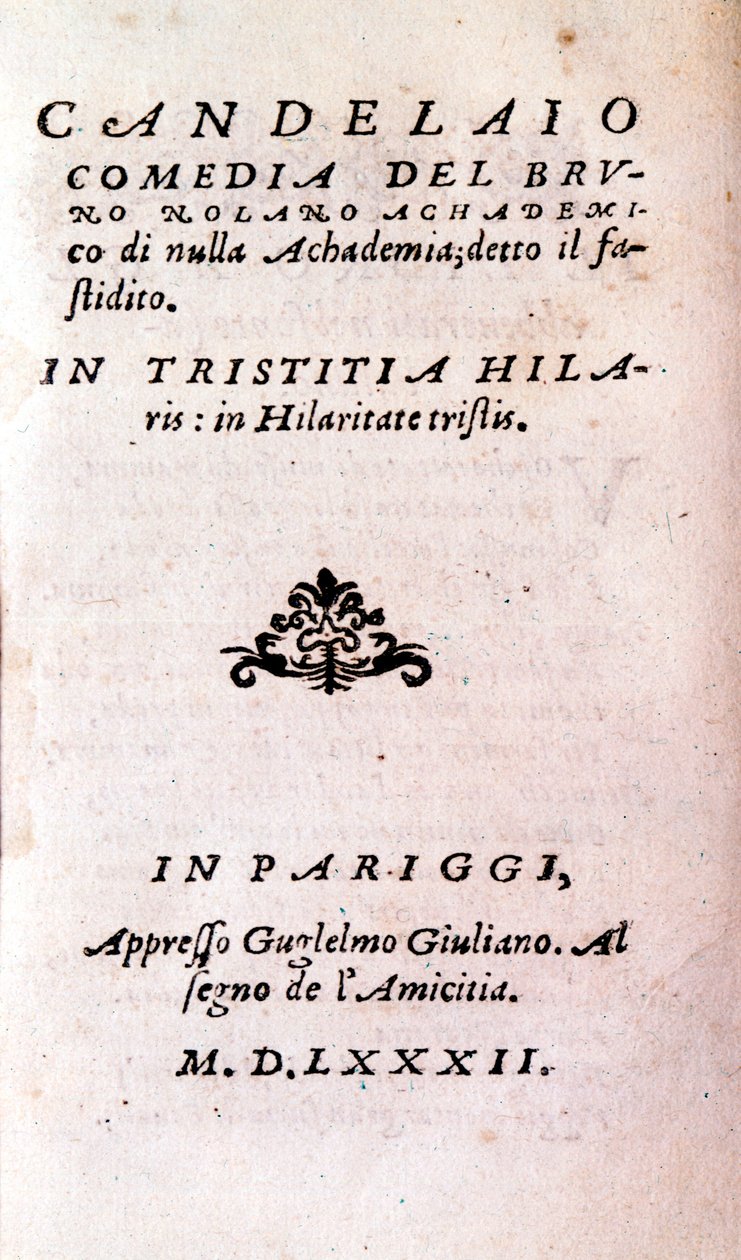 Frontispice „Il candelaio“ (Svícen) od Giordana Bruna (1546-1600), italského filozofa a teologa. 1582 od Unknown artist