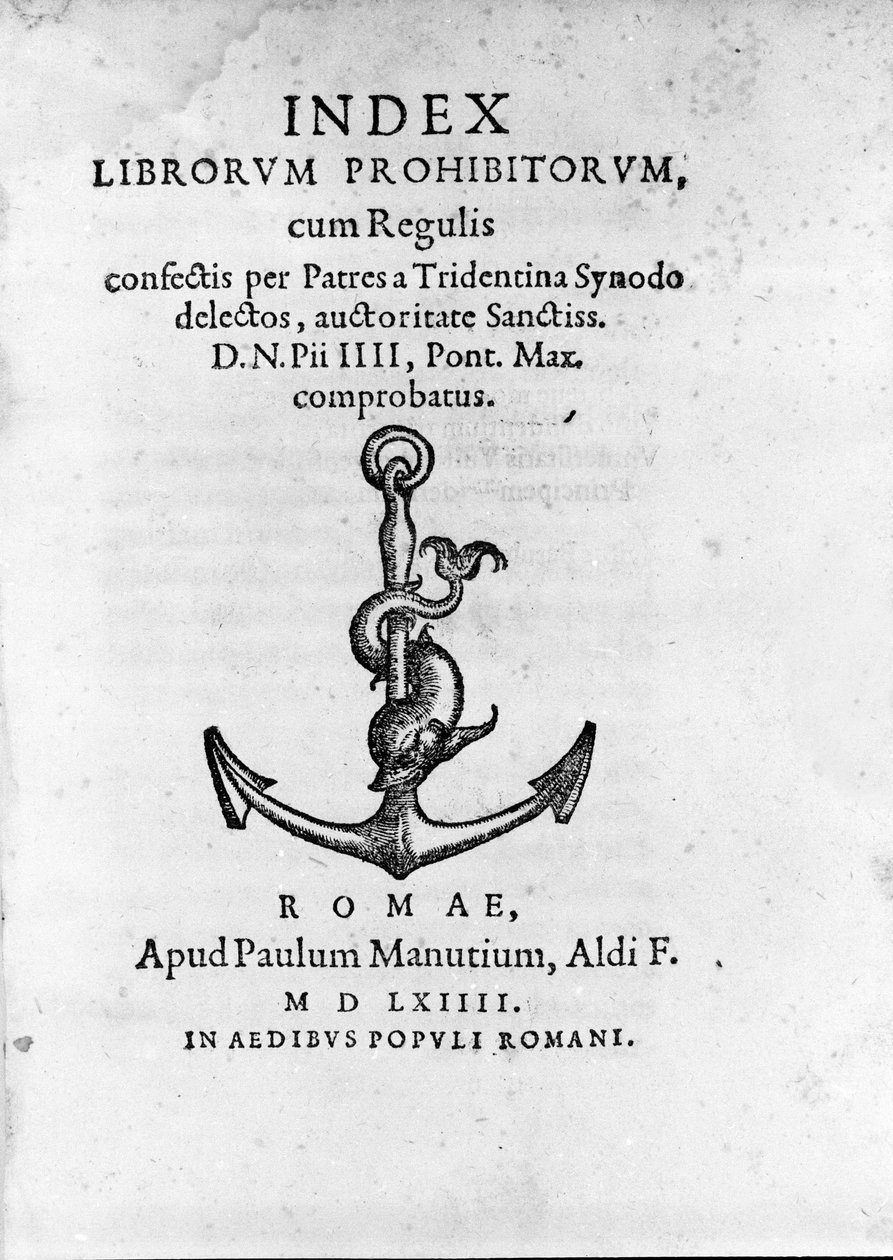 Frontispice of Index Librorum Prohibitorum (Index zakázaných knih nebo Index Exurgatorius) vydaný v Římě v roce 1564. Uvádí knihy, které římští katolíci nesměli číst. od Unknown artist