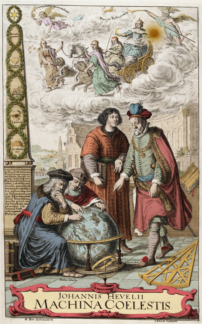 Frontispice of „Machina coelestis“ od Johannese Hevelia (Jan Heweliusz) (1611-1687) 1673 - Johannes Hevelius (1611-87) polský astronom; obrázek ukazuje čtyři velké astronomy, Hipparcha (asi 190-120 př. n. l.) (Hipparchus), Ptolemaia (83-161 n. l.) (Claude  od Unknown artist