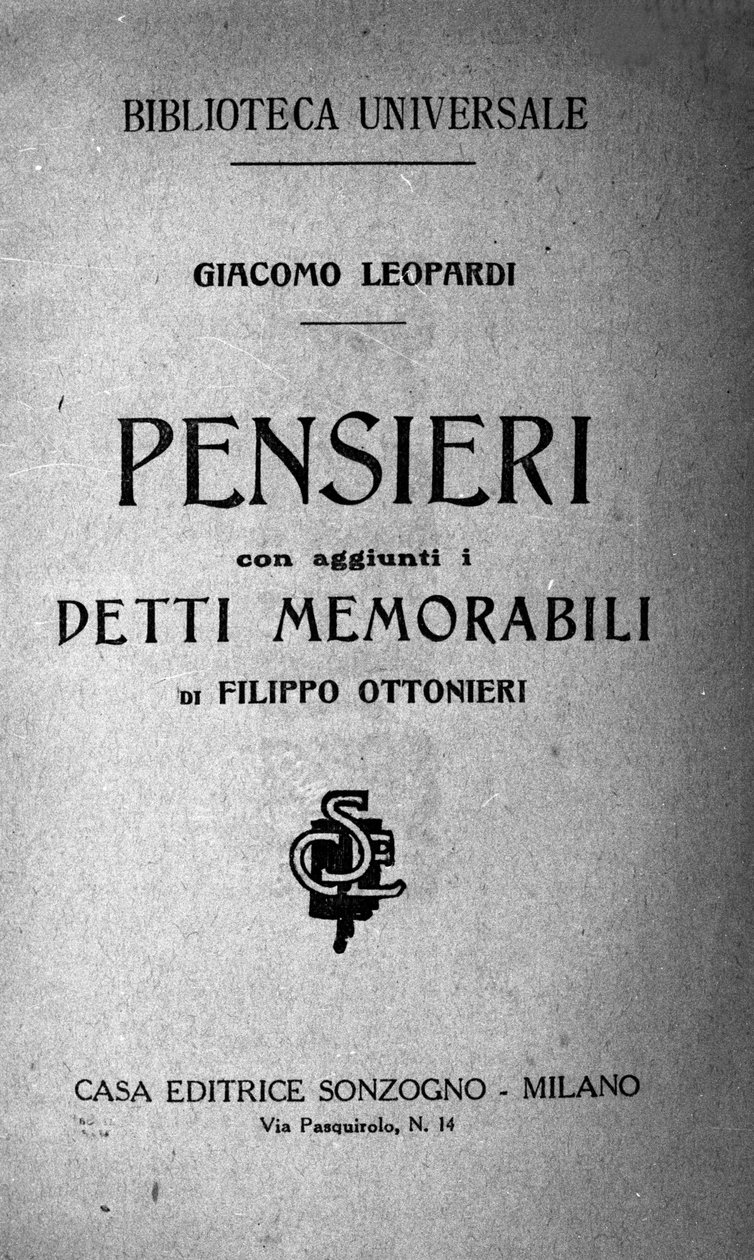 Frontispice of "" Pensieri "" (Pensees) od italského básníka Giacoma Leopardiho (1798 - 1837) 19. stol. od Unknown artist