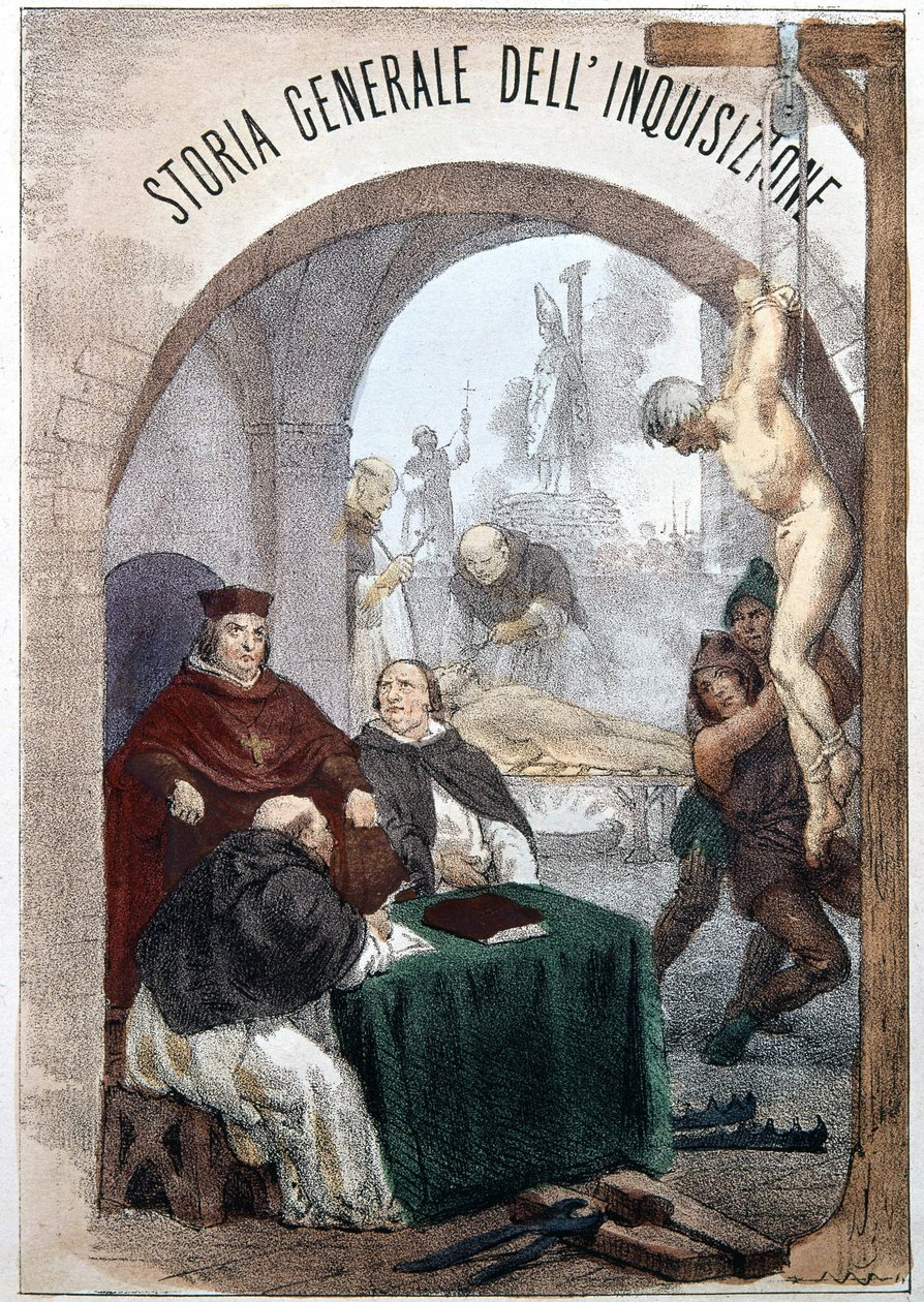 Frontispice Obecných dějin inkvizice od Pietra Tamburiniho s ilustrací zobrazující výjevy symbolické inkvizice. Milán 1850. od Unknown artist