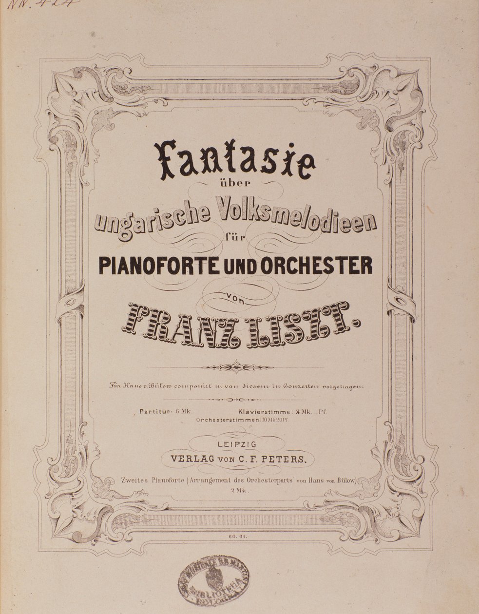 Frontispis partitury „Fantasy pro klavír a orchestr““ od Franze Liszta (1811-1886) Bologna 19. století, civilo museo musicale od Unknown artist