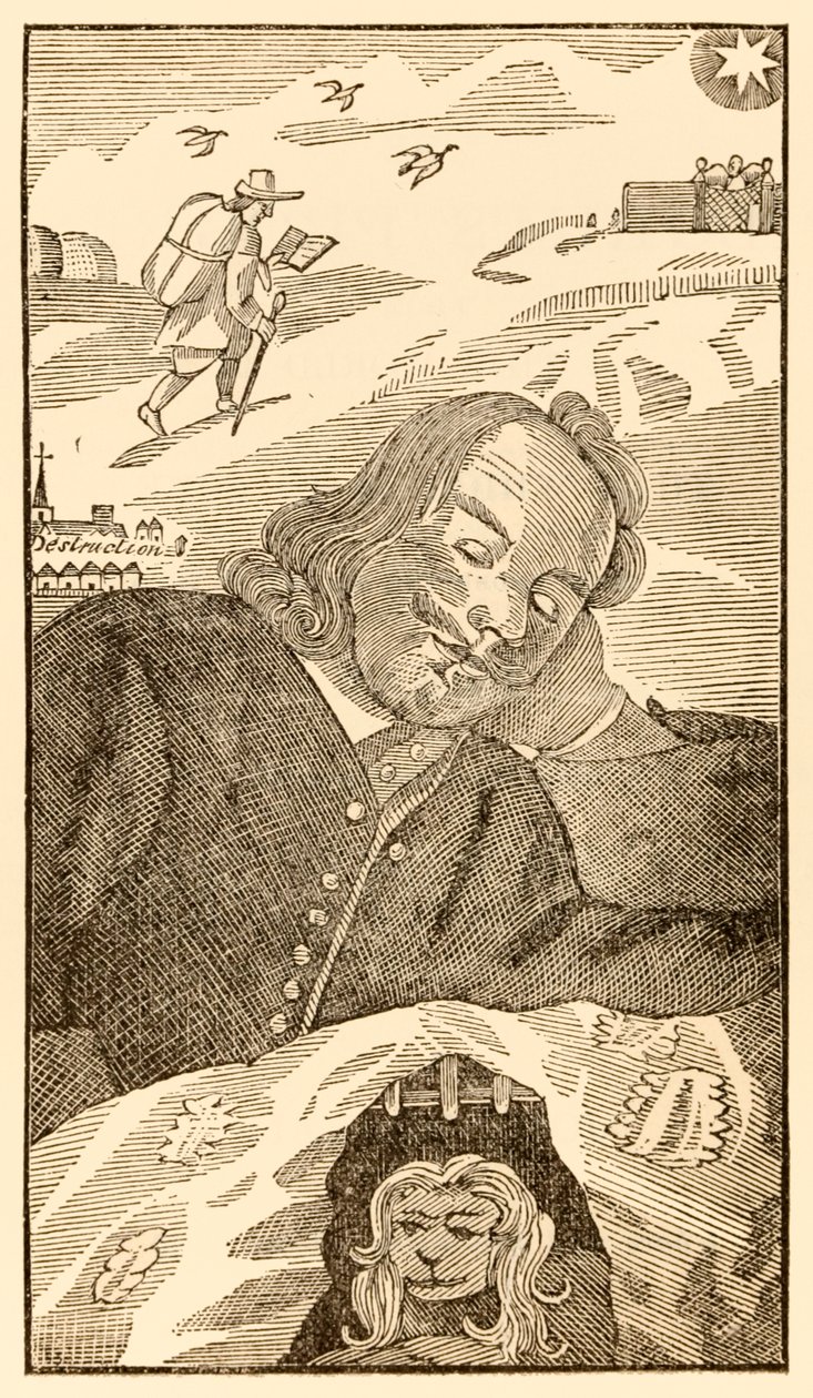 Frontispis z knihy Poutníci postupují z tohoto světa k tomu, co přijde od Johna Bunyana (1628-1688) zobrazující autora snícího o křesťanském poutníkovi zatíženém vědomím svého hříchu od Unknown