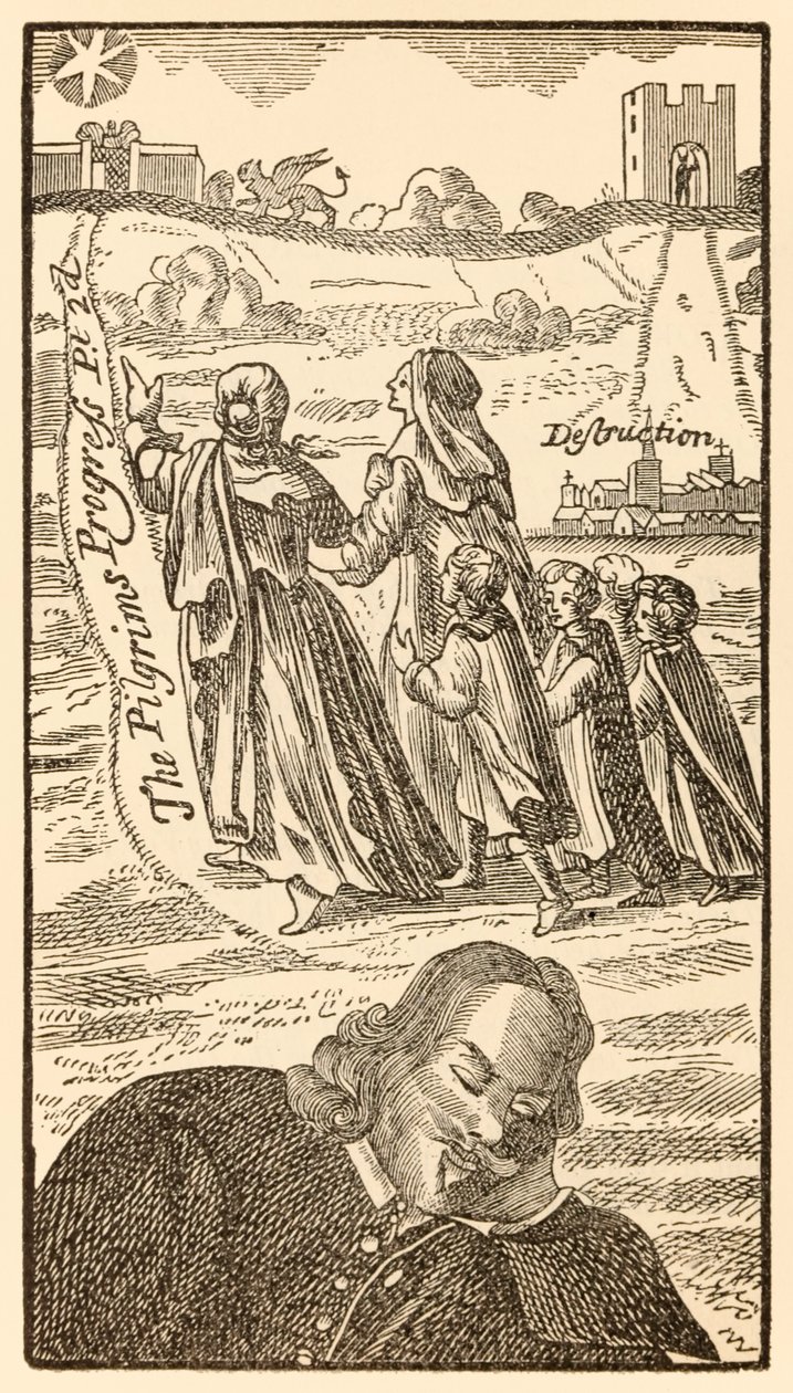 Frontispis z druhé části knihy The Pilgrims Progress From This World, To What Is To Come od Johna Bunyana (1628-1688) zobrazující autora snícího o křesťanské rodině, jeho manželce Christiane an od Unknown