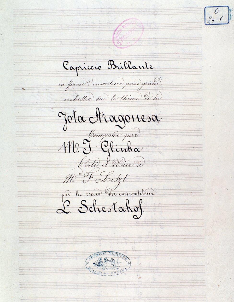 Frontispis Capriccia brilantní na téma Jota Aragonese (španělská předehra č.1) od Michaila Glinky od Unknown artist