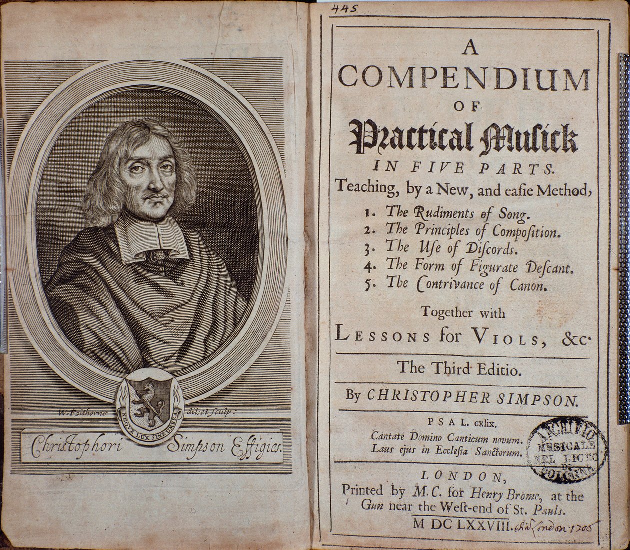 Frontispis Kompendia praktické hudby s portrétem Christophera Simpsona od Unknown artist