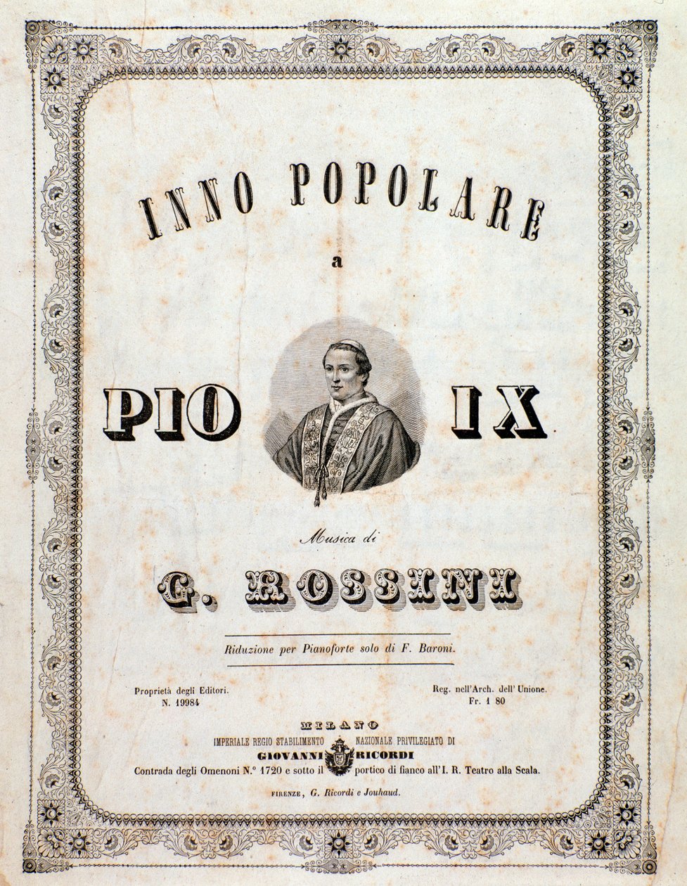 Frontispis hudební partitury Populární hymnus pro Pia IX. od Gioacchina Rossiniho od Unknown artist