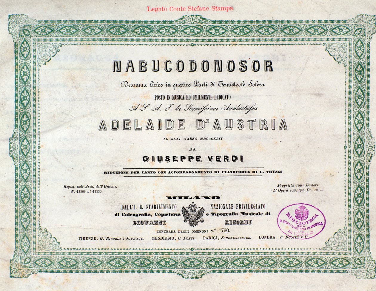 Frontispis partitury opery Nabucco od Giuseppe Verdiho od Unknown artist