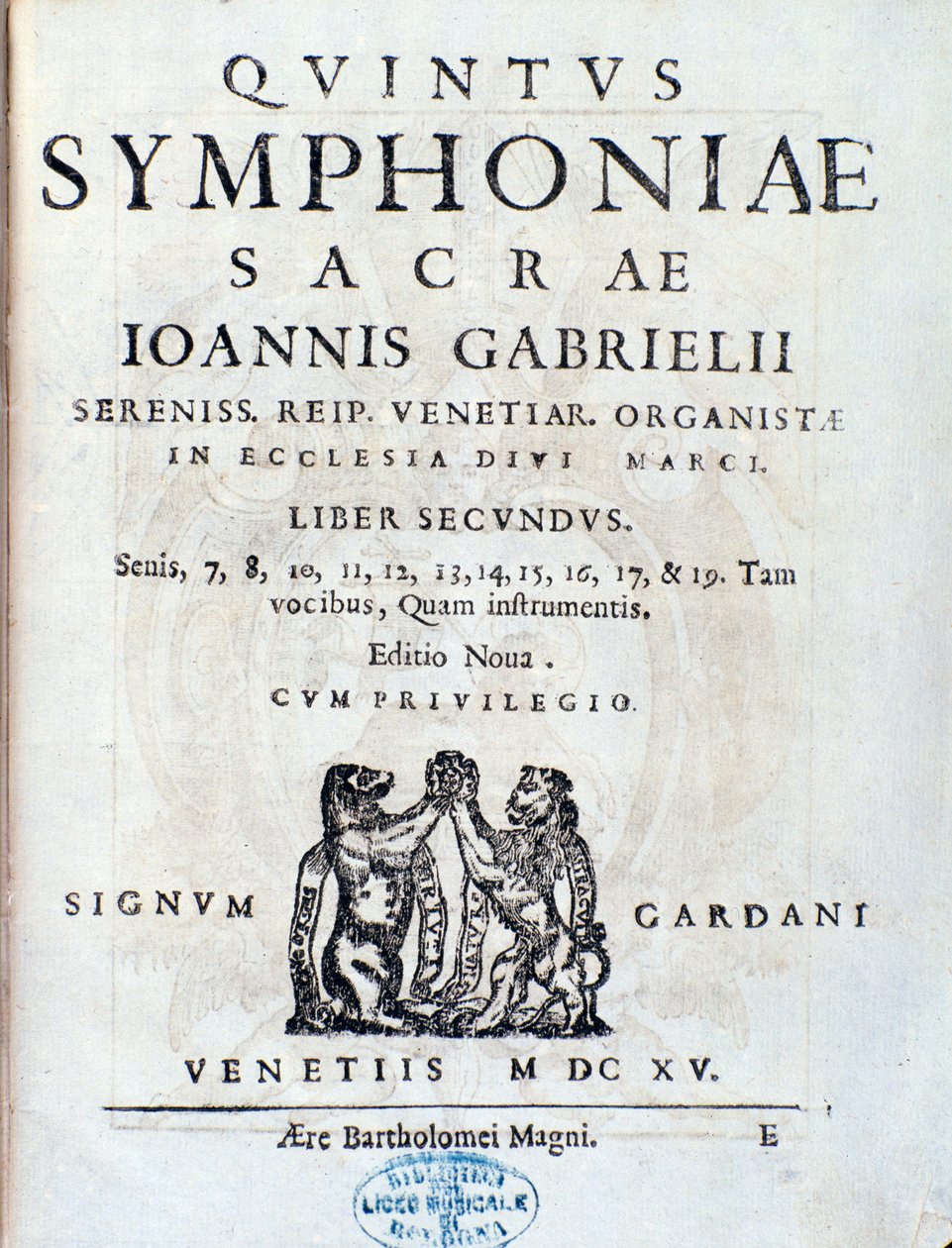 Frontispis druhé knihy Sacrae symphoniae od Giovanniho Gabrieliho od Unknown artist