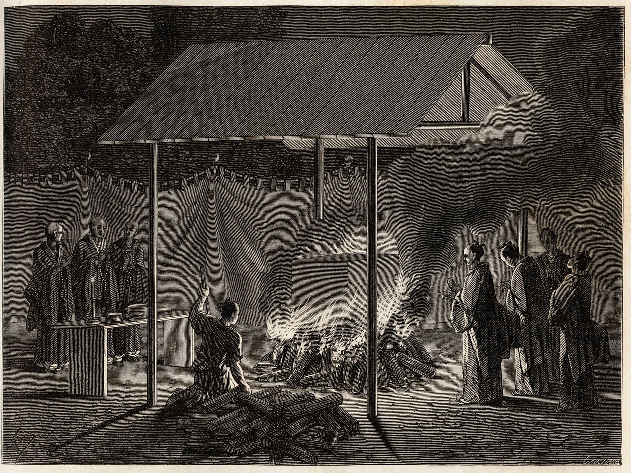 Pohřební obřady: rituální spálení. Rytina k ilustraci plavby do Japonska v letech 1863-1864 od Aime Humberta, ministra Švýcarské konfederace, v „Le tour du monde, nouveau journal des voyages“, vydaném pod vedením Edouarda Chartona od Unknown artist