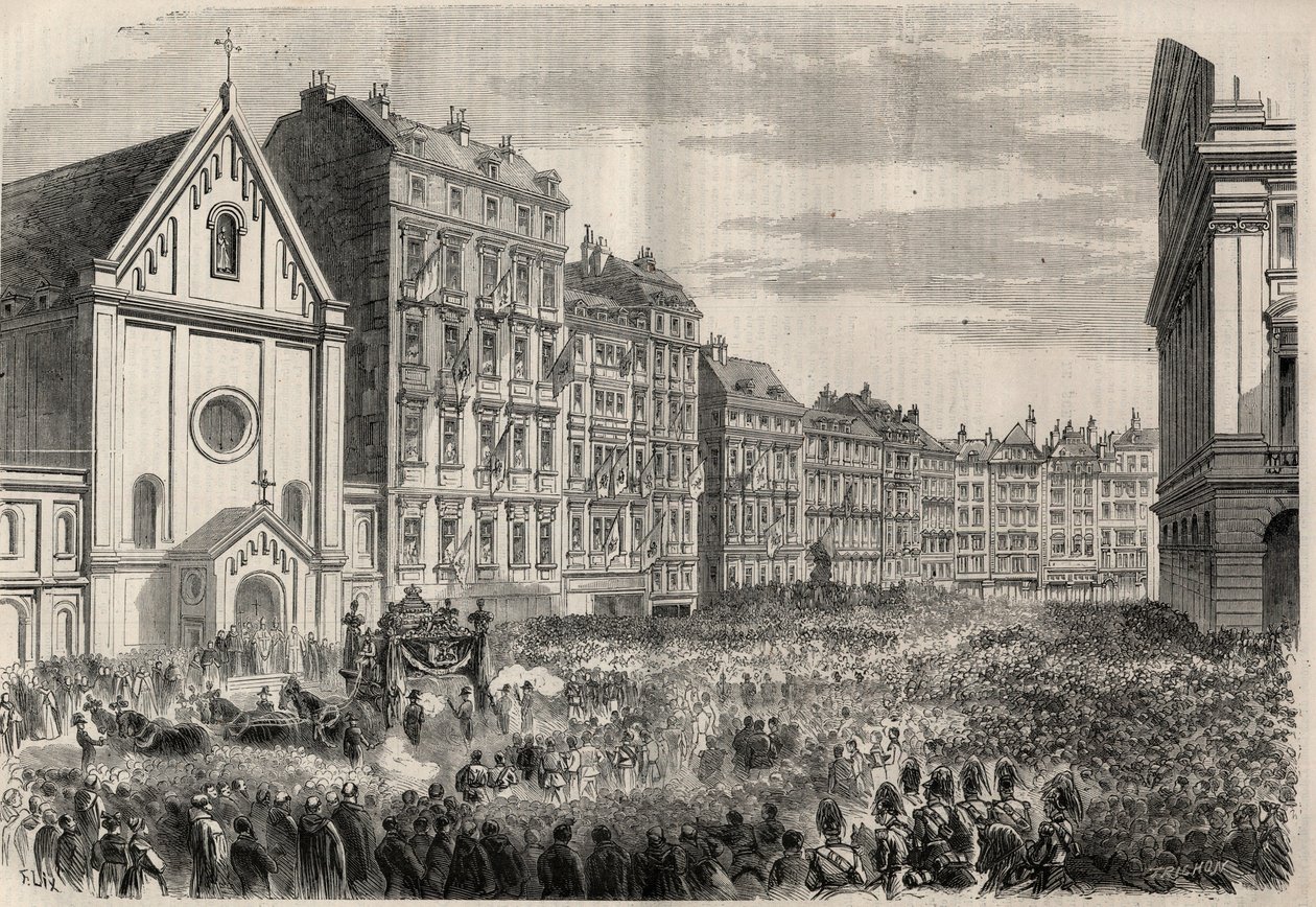 Pohřeb císaře Maxmiliána I. Mexického (1832-1867): příjezd pohřebního průvodu před vídeňský kapucínský kostel. Gravírování v „“L