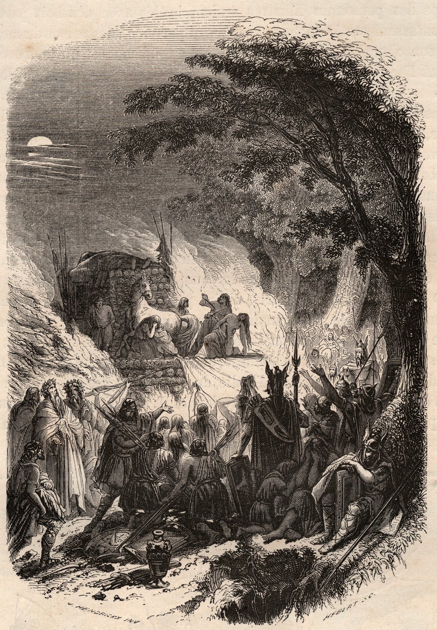 Pohřeb náčelníka Germaina ve starověku: jeho tělo je spáleno se svými zbraněmi a jeho koněm. Rytina z roku 1868 v „Histoire de Belgique od primitivních dob do konce vlády Leopolda I.““ od Theodora Justeho (1818-1888). Soukromá sbírka. od Unknown artist