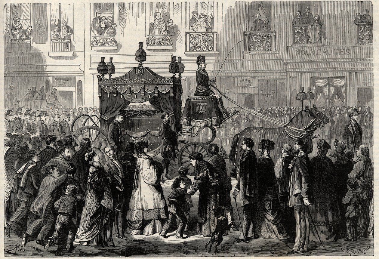 Pohřební průvod během obseques Gioacchino (Gioachino) Rossini (1799-1868) v Paříži. Gravírování v „The Universe Ilustrious“ od Unknown artist