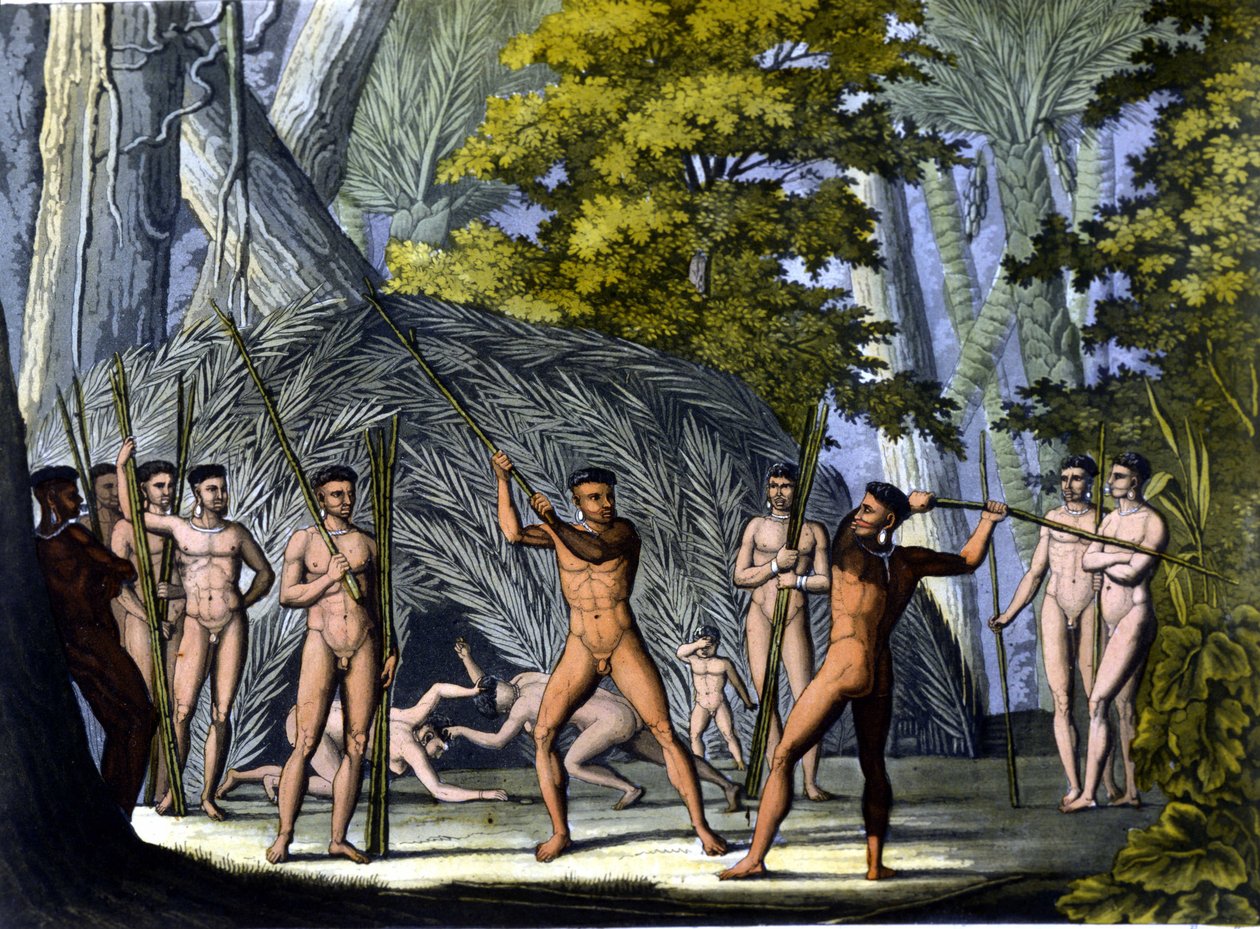 Futte mezi botocudy, indiáni z Brazílie – v „“Starověkém a moderním kostýmu”” od Ferrario, ed. Milano od Unknown artist