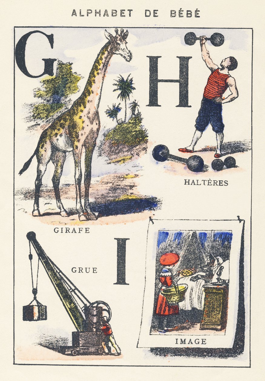 G H I: žirafa, jeřáb, činky, obrázek od Unknown artist